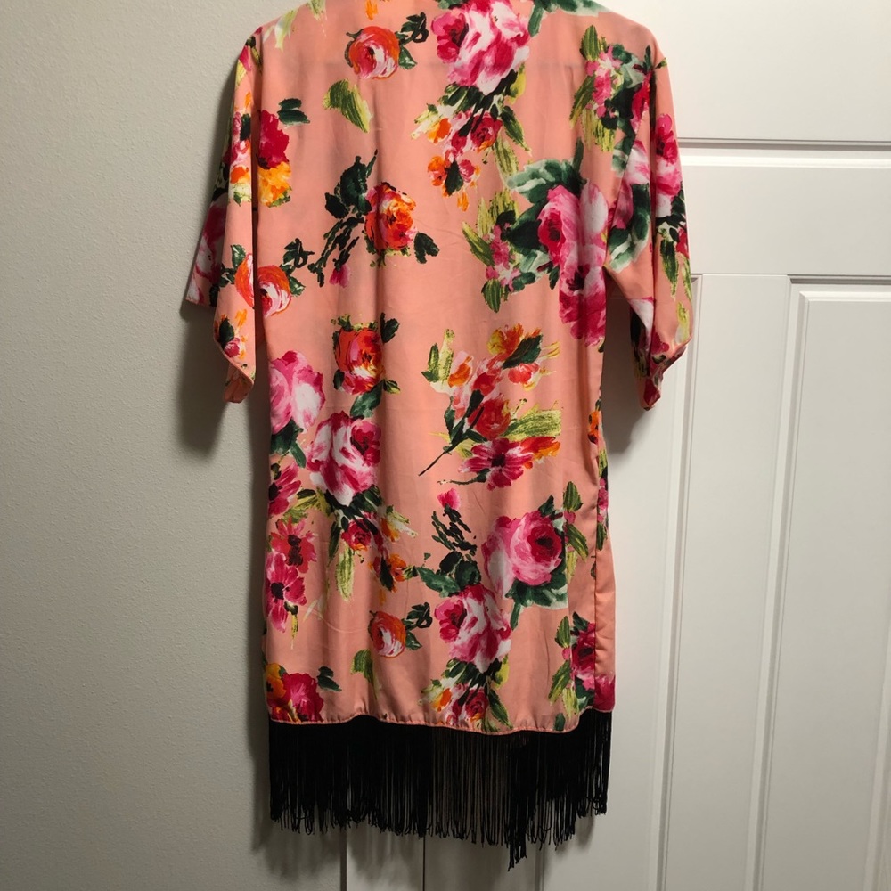 Pink Floral Kimono with Black Fringe - Picture 3 of 3